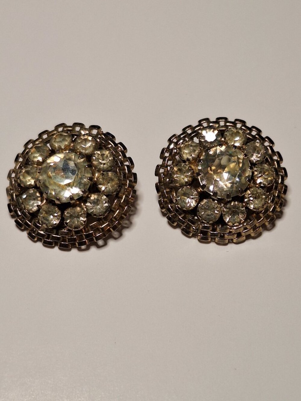Vintage WEISS Clear Rhinestone Dome Clip Earrings Signed Gold Tone Mesh Trim
